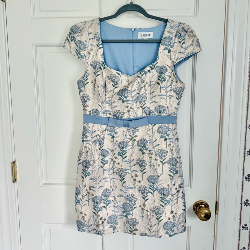 RIXO Cream and Blue Floral Midi Dress